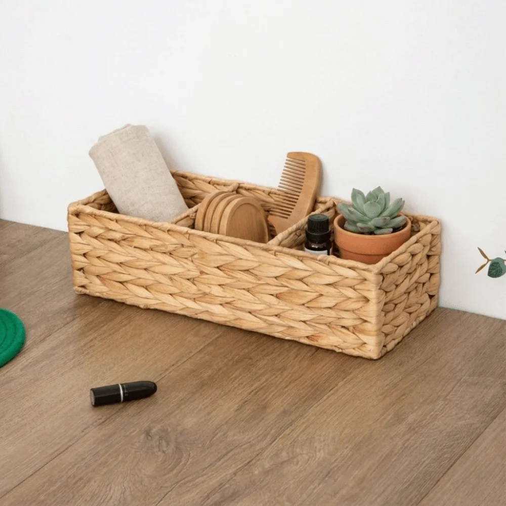 3-Section Storage Box Multi-Purpose Decorative Woven Storage Basket Large Capacity Space Saving Desktop Organizer Home Bedroom