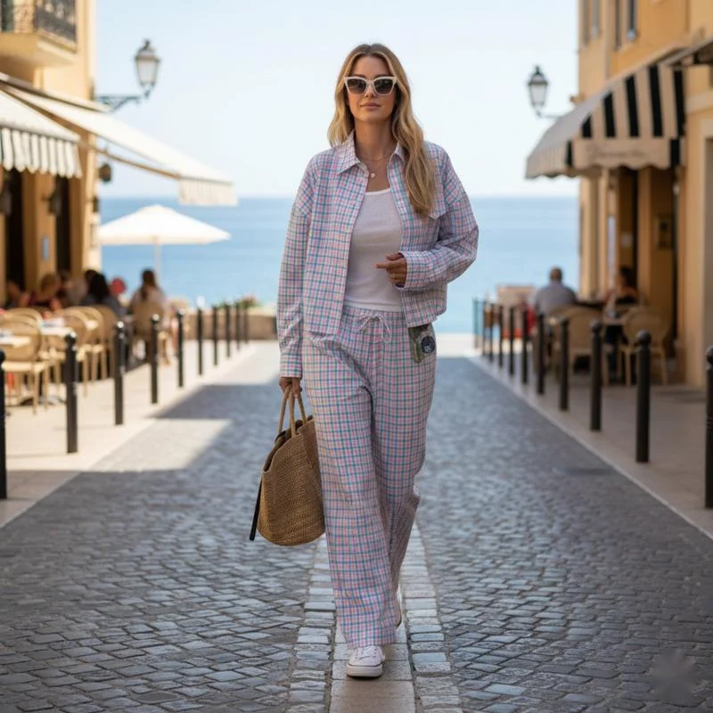 Chic Women's Plaid Shirt Suit Set Turn-Down Collar Long Sleeve Top Loose Pants Two Piece Outfit for Casual Daily Vacation Wear