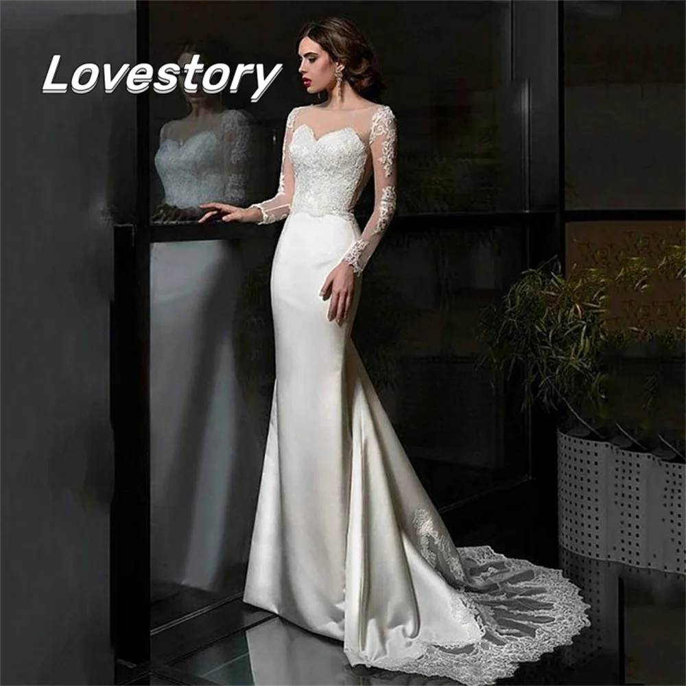 

Mermaid Wedding Dresses Long Sleeve Elegant Boho Bride Robe Satin O Neck Applique Bridal Gowns Button Illusion Vestidos De Noiva