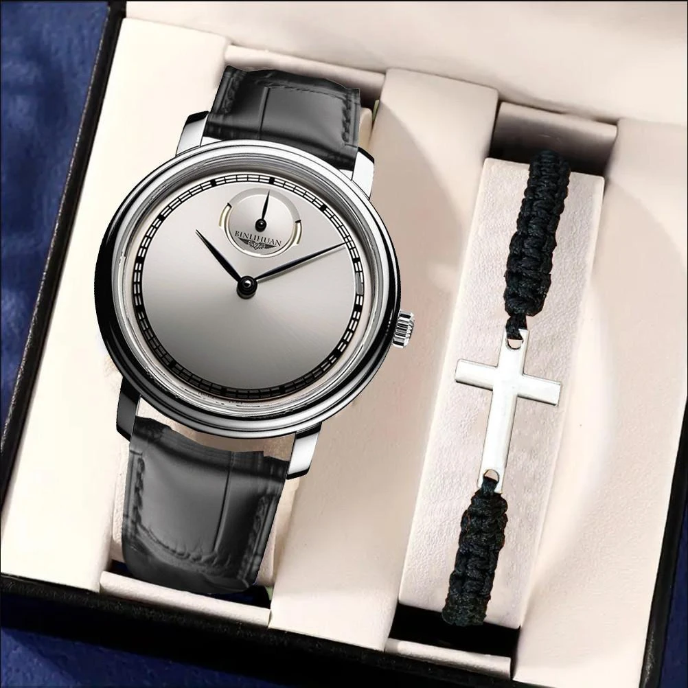 2Pcs 시계 세트 무료 팔찌 패션 남자 비즈니스 가죽 방수 석영 시계 생일 발렌타인 데이 휴일 선물