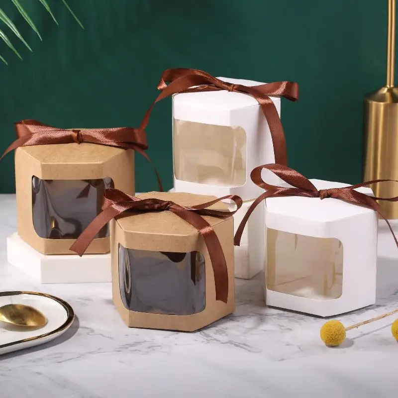 10 Pcs Cake Box Packaging Paper Bags Hexagon Candy Boxes With Clear Pvc Window Birthday Gift Box Presents Sweets Package
