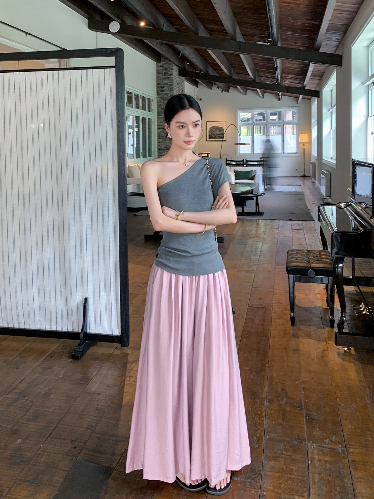 

Bingo High Waist Pleated Design Casual Skirt Pants Women's Spring Autumn Loose Wide Leg Pants Flared Pants Slimming Effect