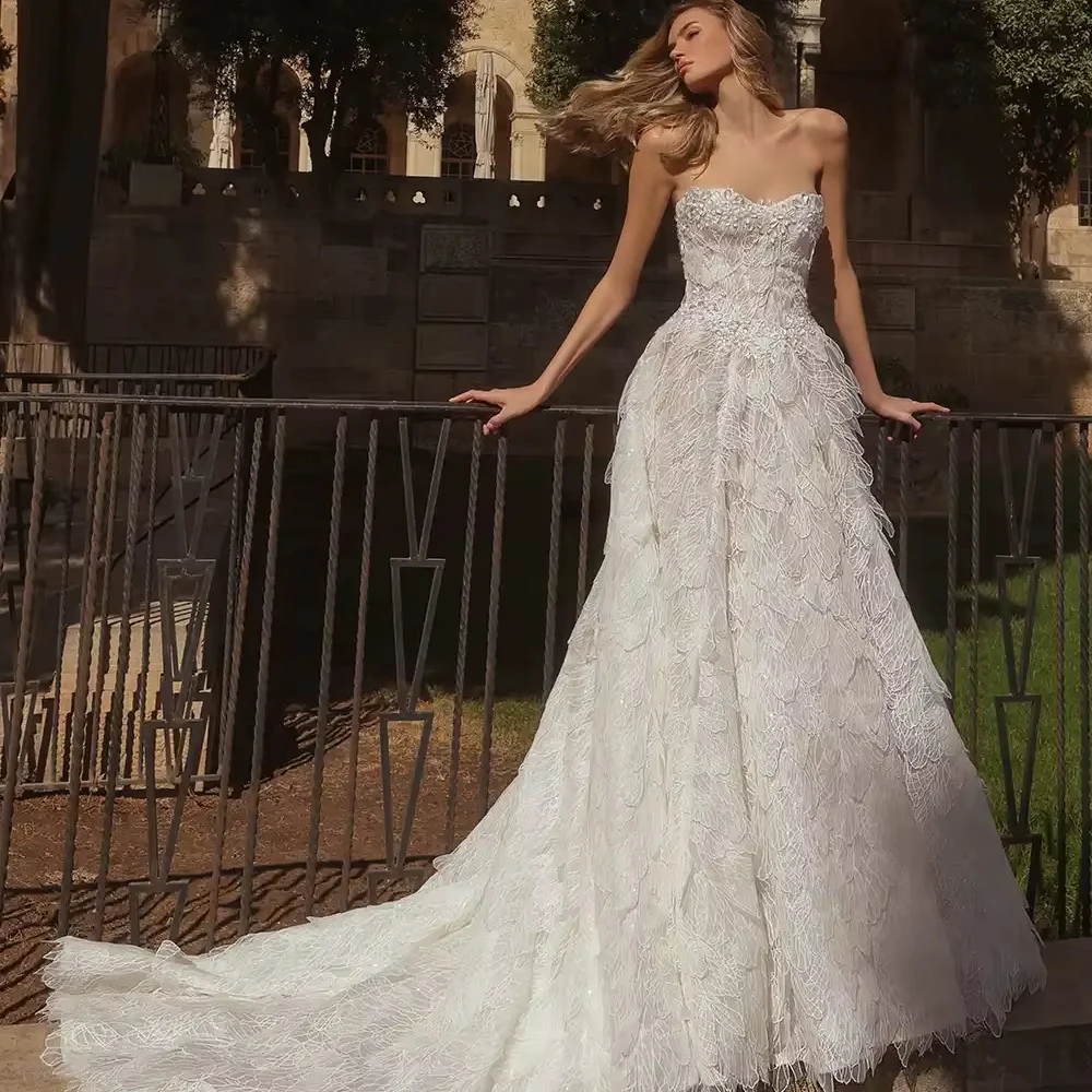 

Изысканное блестящее свадебное платье с 3D-листьями, без бретелек, А-силуэт, длинное, роскошное, с открытой спиной