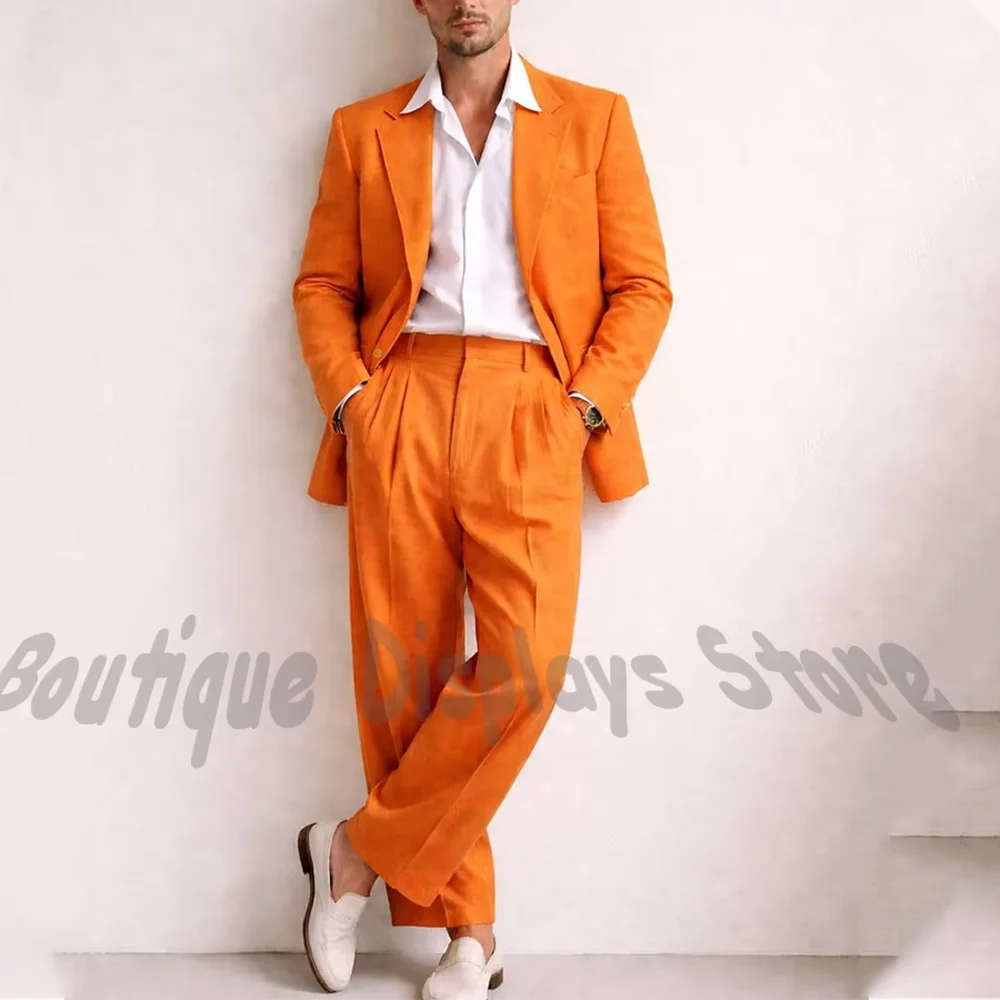 2026 Summer Linen Orange Men 2 Piece Suit Notch Lapel Pleated Wide Leg Trousers Set Solid Color Lightweight  Casual Formal Outfi