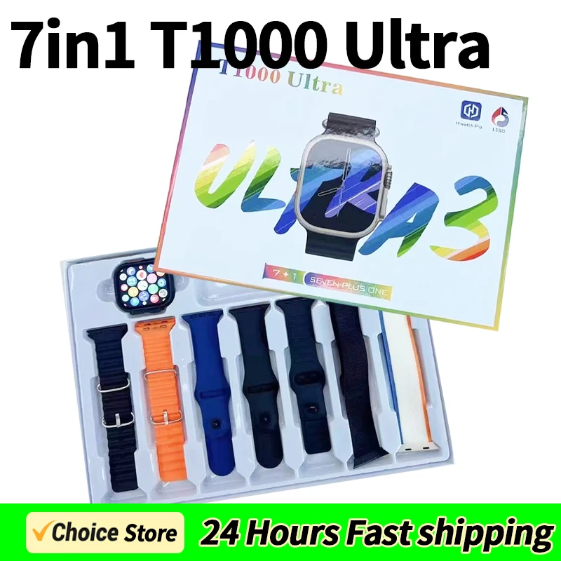 7 أشرطة ساعة 2025 ساعة جديدة T1000 Ultra Smartwatch شاشة مربعة ECG مراقبة Reloj Inteligente ساعة اليد ﻿ ﻿