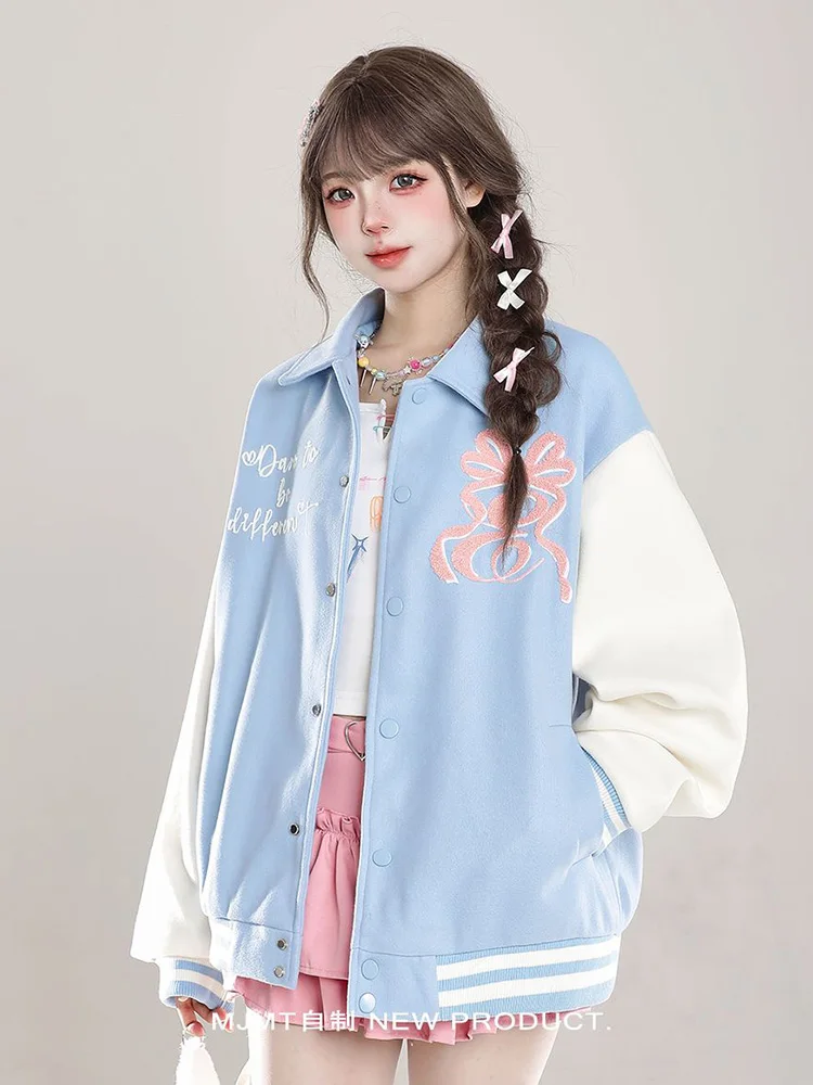 

Vintage American Sweet Baseball Jacket Women Preppy Style Loose Fall Coat Retro Long Sleeve Patchwork Female All Match Tops New