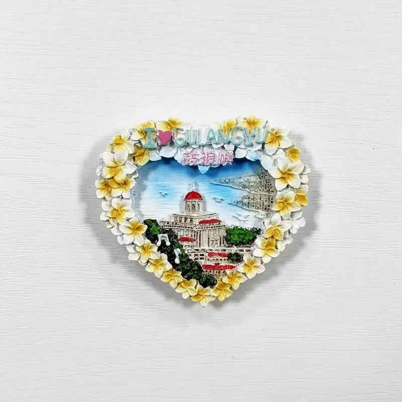 Xiamen Gulangyu 3D Resin Fridge Magnet Heart-Shaped Plumeria Decor Red-Roof Building Souvenir Home Decorative Magnet