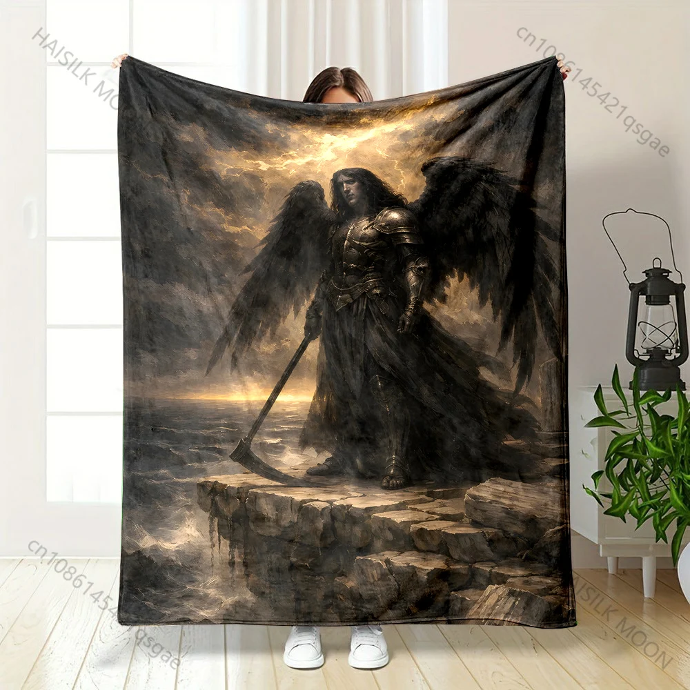 1PC Dark-winged warrior on cliff printed blanket all seasons multi-purpose blanket suitable for sofa, camping, travel, car