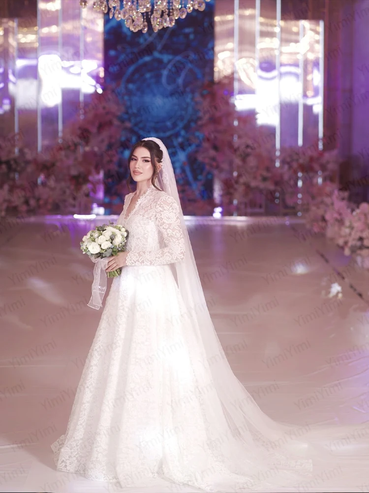 Lace Wedding Dresses High Collar Long Sleeve A Line Brides Dress Sweep Train Elegant Bridal Gown Customized robe de mariée