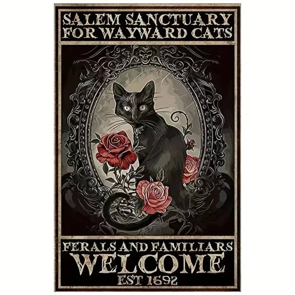 Salem Wayward Cats Sanctuary Halloween Sign | Vintage Tin Decor for Spooky Home | Witchy Cat Wall Art