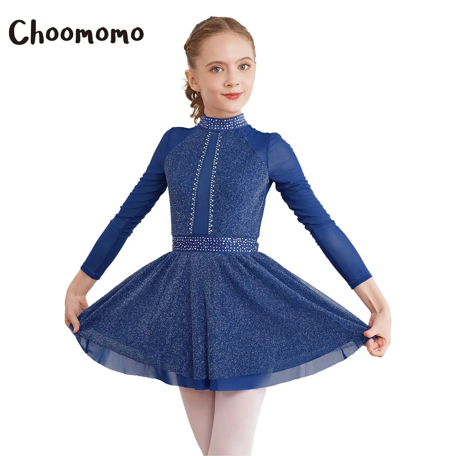 

Kids Girls Figure Ice Skating Dress Shimmery Long Sleeve Backless Ballet Dance Gymnastic Skirted Leotard Lyrical Dancewear