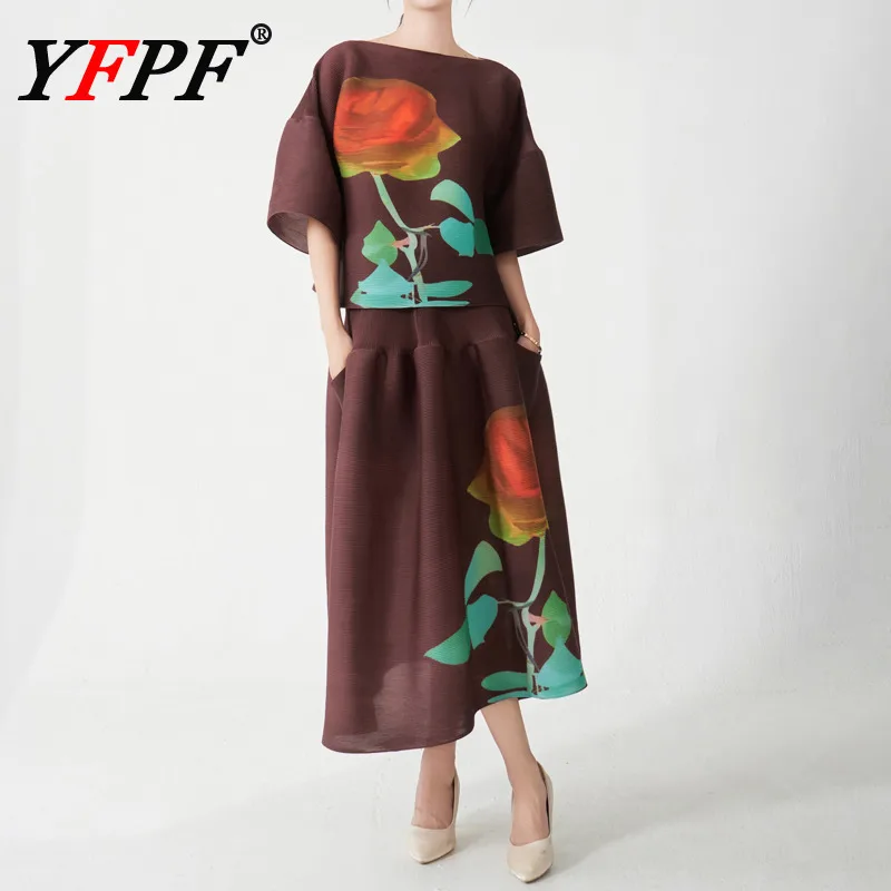 

YFPF Flower Print Women Set Miyake Pleated Fashion Flare Sleeve Tops + A Line Loose Skirt Vintage Style 2025 New Clothing