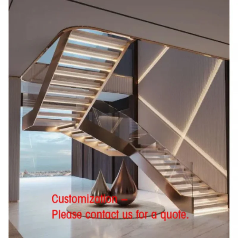 

custom.Modern Hotel Building Glass Led Staircase Design Natural Marble U Channel Stairs Straight Stair