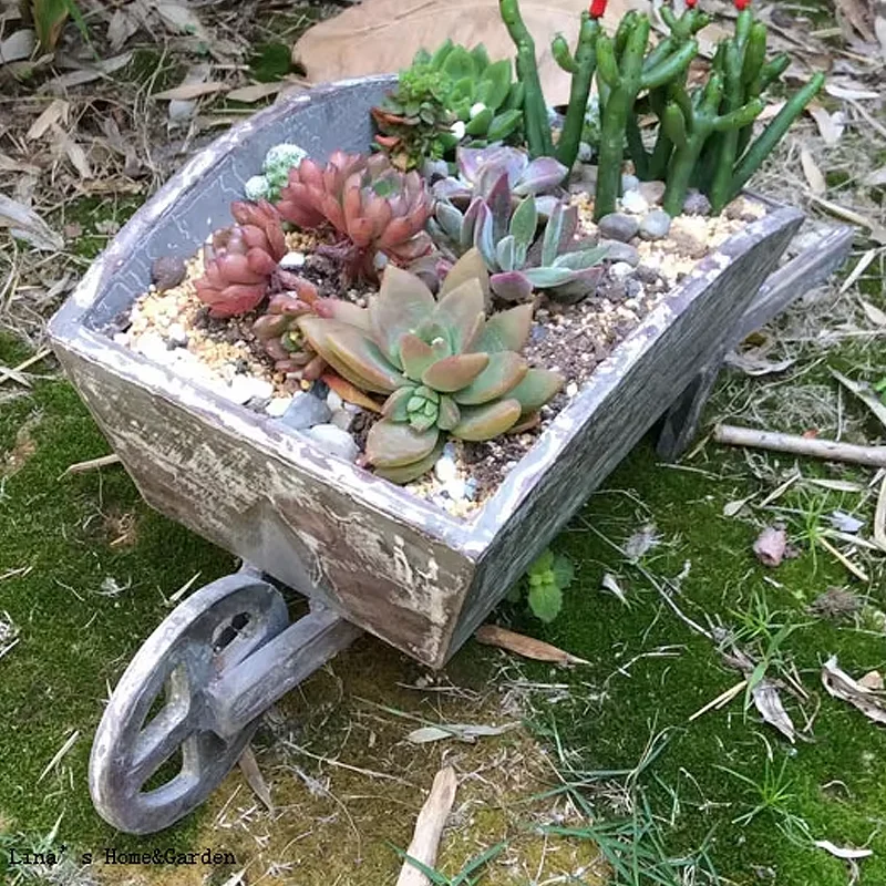 

Rustic Small Decorative Wood Wheelbarrow Planter