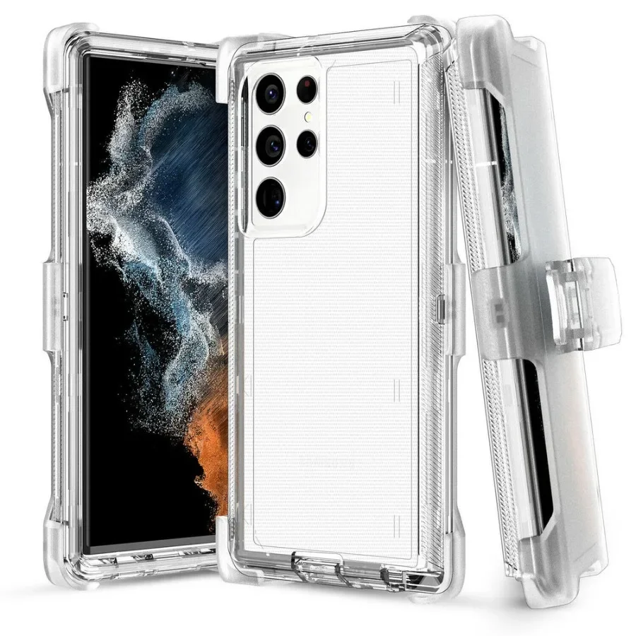 

For Samsung Galaxy S24 Ultra S23 S22 S21 S20 Note 20 S10 S9 S8 Plus Heavy Duty Shockproof Clear Case Cover With Belt Clip Stand