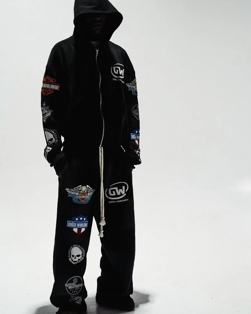 하이 스트리트 Y2K 만화 해골 패턴 미국 패션 남성 캐주얼 스웨트셔츠 락 힙합 하라주쿠 레트로 다용도 세트