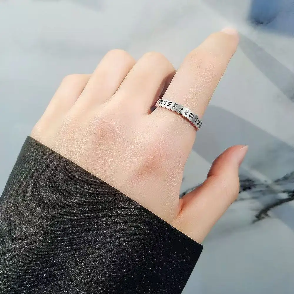

Pure silver s925 ring Couple's Ring Heart Sutra Trendy Personality Open Mouth Jewelry Ring Retro Six Character Mantra