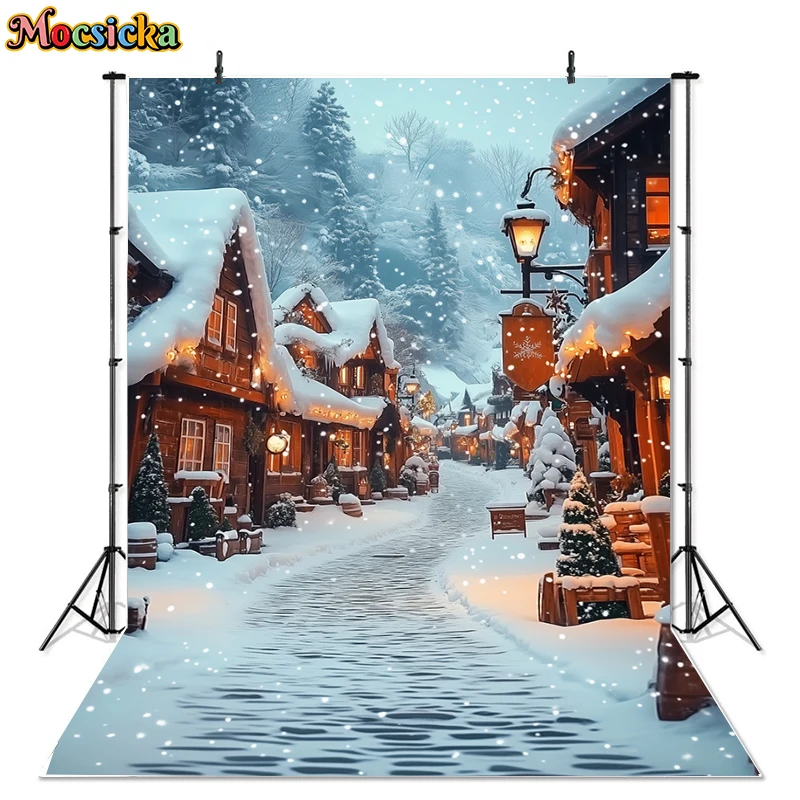 Mocsicka Winter Christmas Town Photography Backdrops Holiday Party Kids Adult Portrait Photo Background Night Lights Decor Props