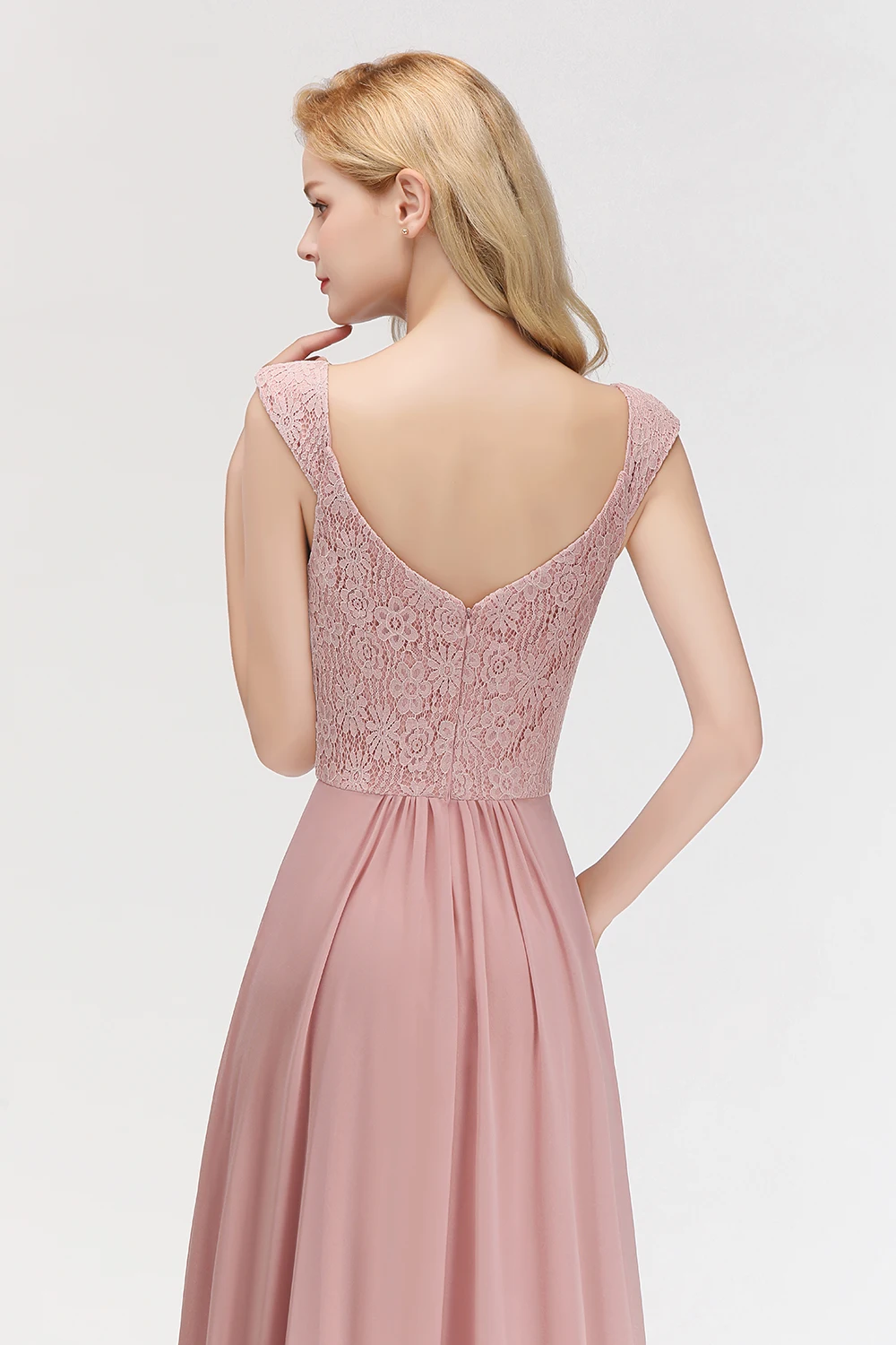 Dusty Pink Lace Chiffon Long Evening Dresses Women A-line Sleeveless Bridesmaid Formal Wedding Party Prom Gowns Robe De Soiree