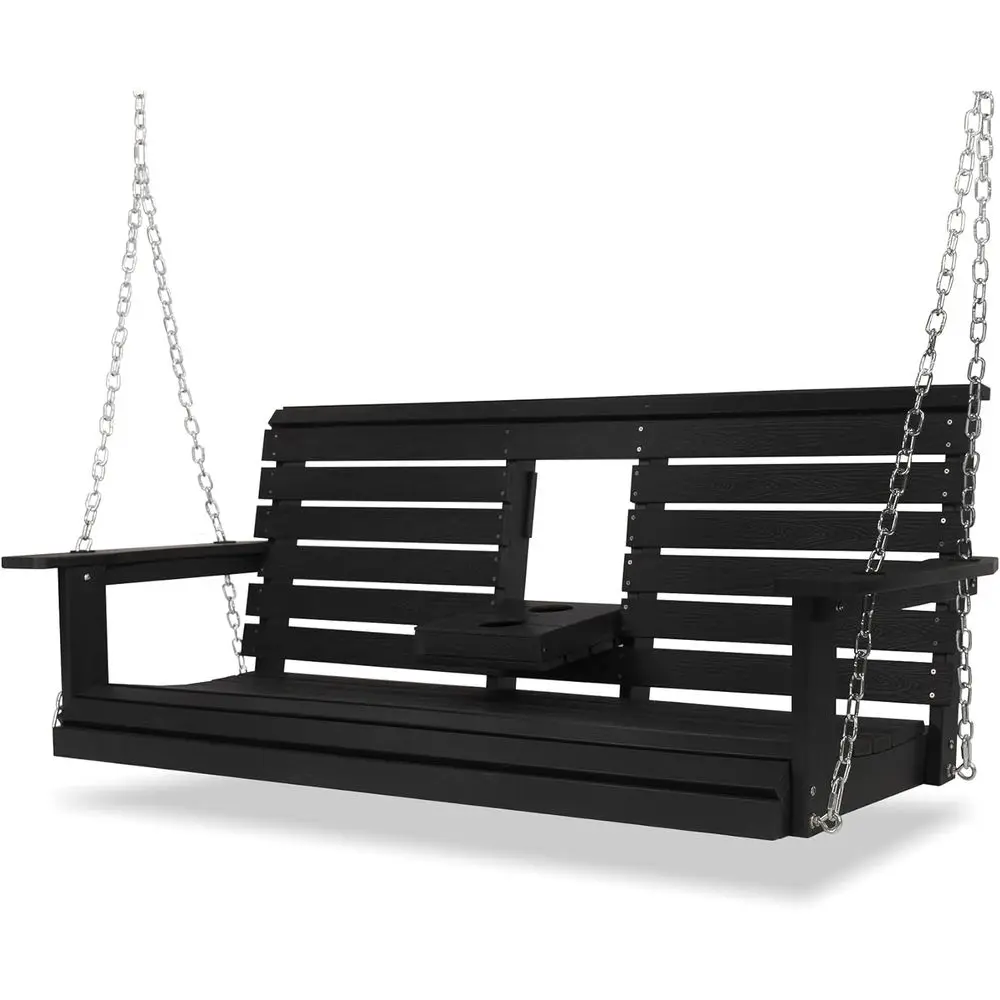 

3-Person Porch Swing with Foldable Cup Holders, 5-Foot Bench, High Backrest, Deep Seat, Carbon Black Finish