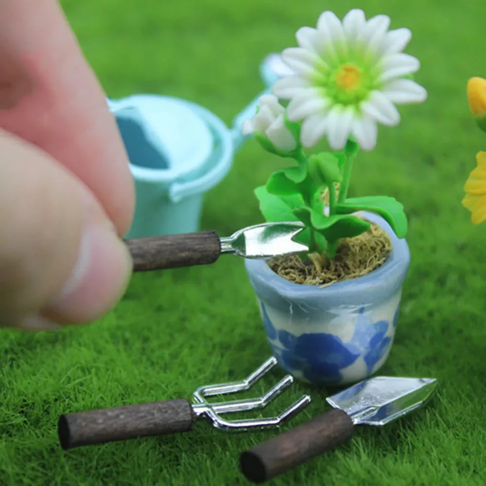 3 قطعة 1/12 دمية مصغرة شوكة مجرفة صغيرة بوعاء أدوات النبات لعبة مجسمة ل بيت الدمية اكسسوارات الديكور ob11 bjd