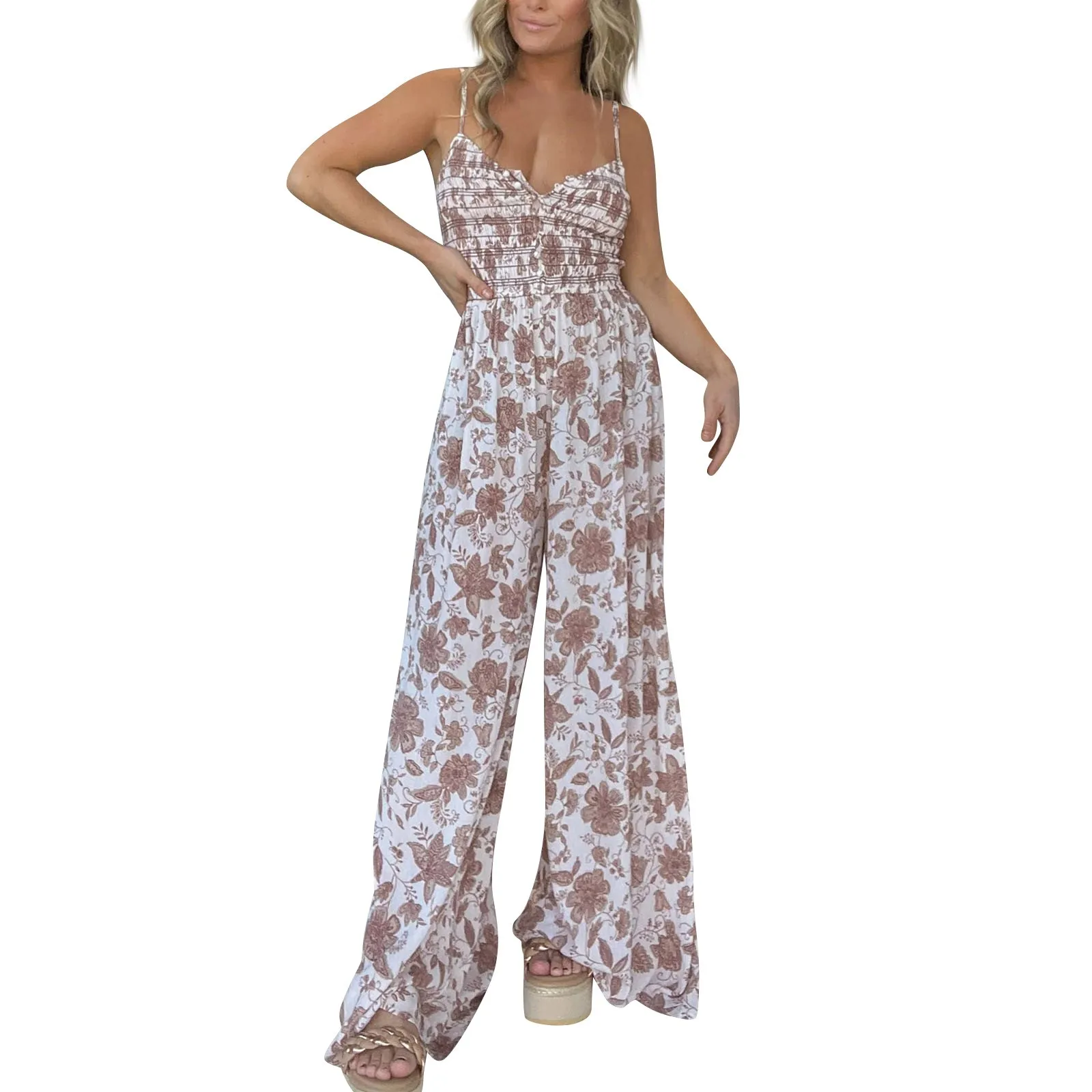 Women'S Summer Jumpsuits Causal V Neck Flower Printed Suspender Wide Leg Jumpsuits High Waist Elasticity Floor-Length Jumpsuits