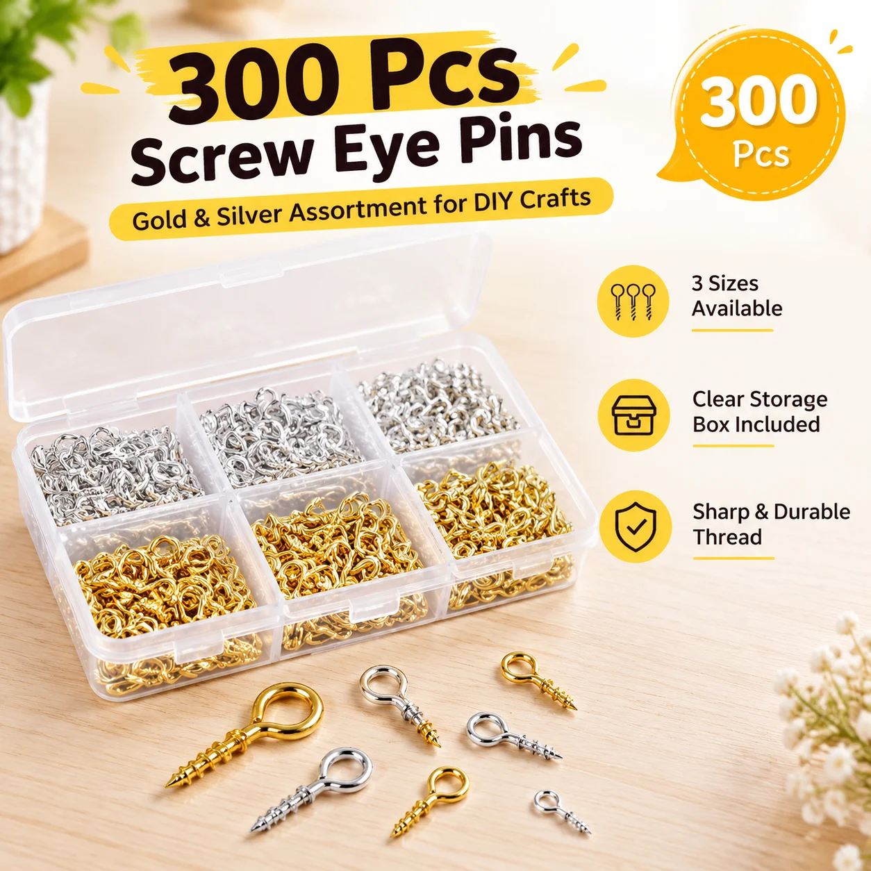 300Pcs Screw Eye Pins Gold Silver Metal Eye Screws with Storage Box for DIY Jewelry Making Charm Pendants Beading Craft Supplies