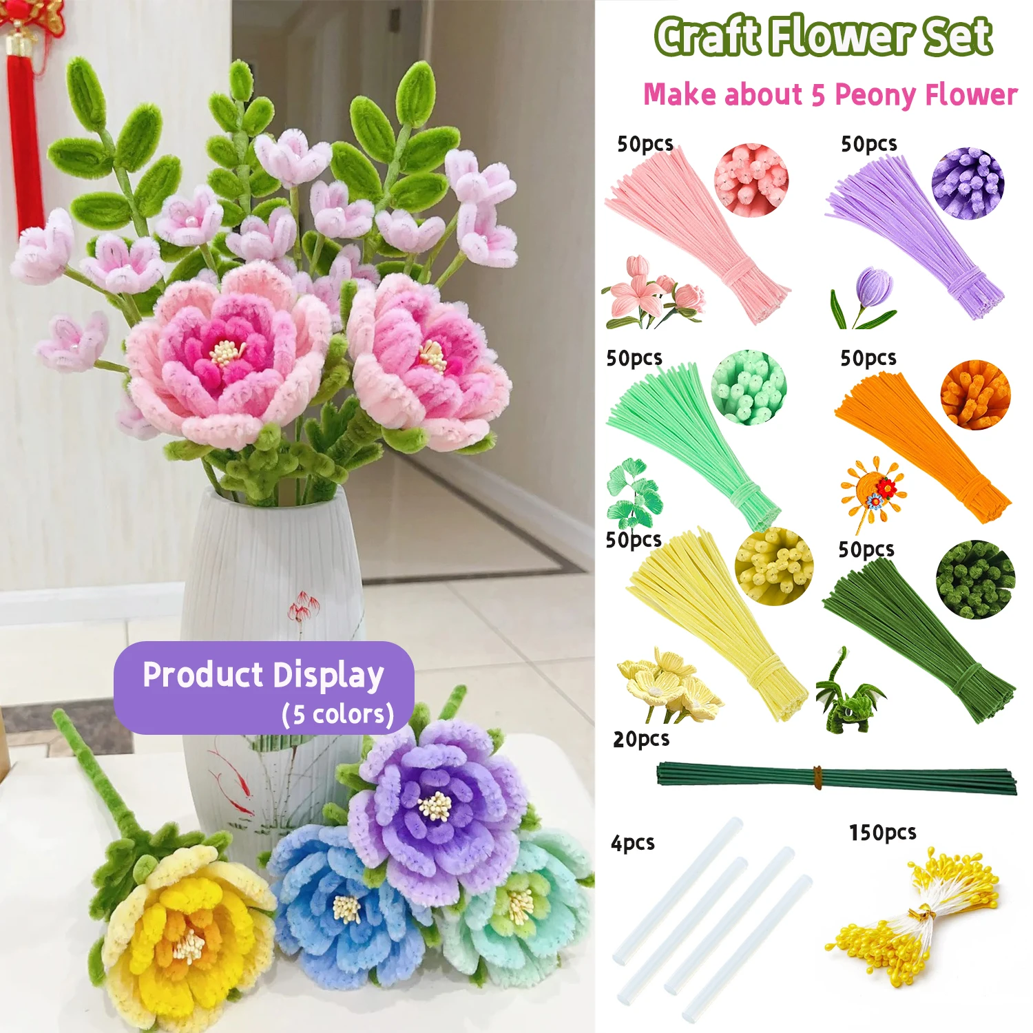 475/925Pcs Macaron Peony Chenille Stems DIY Bouquet Kit, Handmade Art Craft Supplies for Graduation, Wedding & Valentine's Day