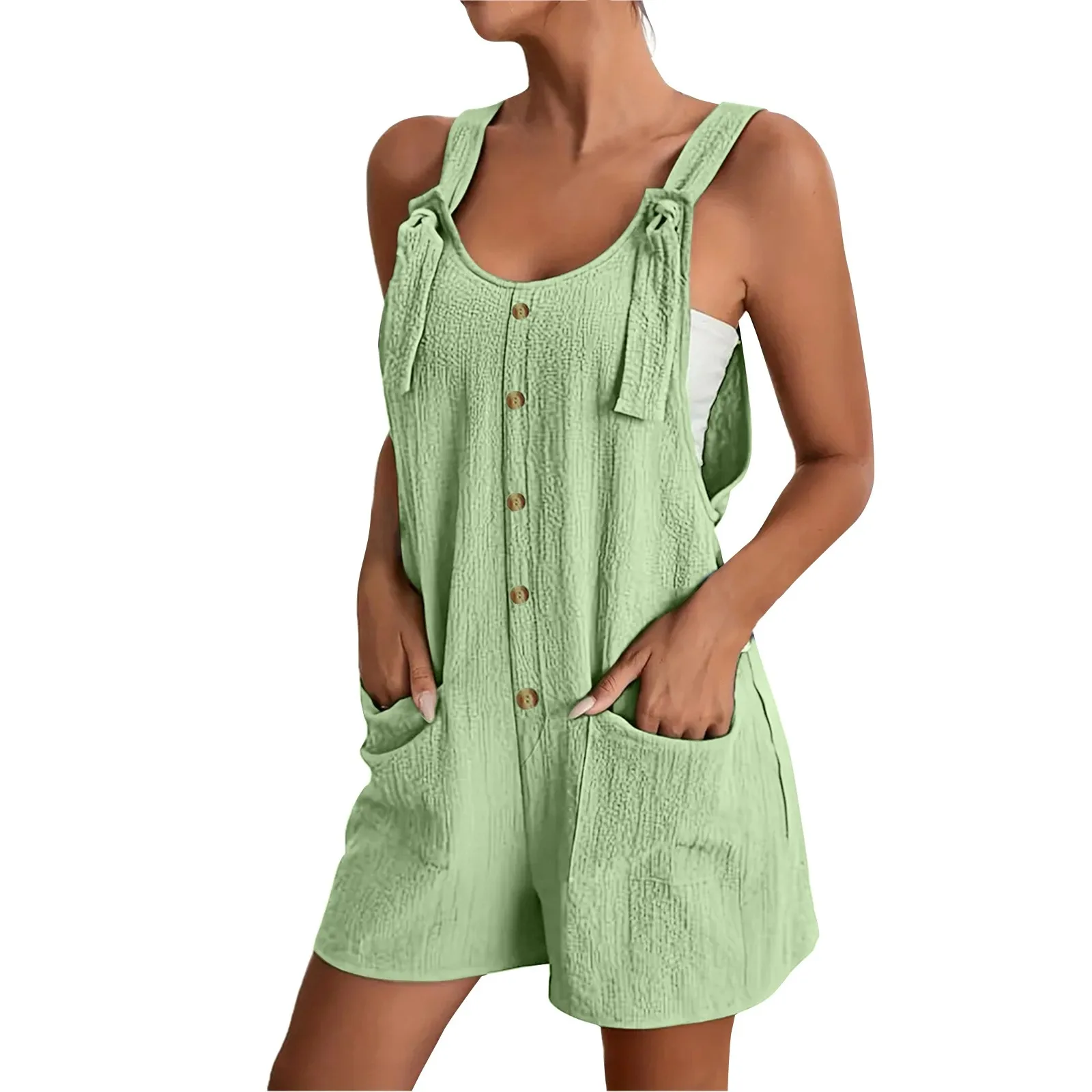 2024 Summer Short Jumpsuit For Women New Round Neck Button Loose Casual Pocket Plus Size Sleeveless Women Rompers Playsuits