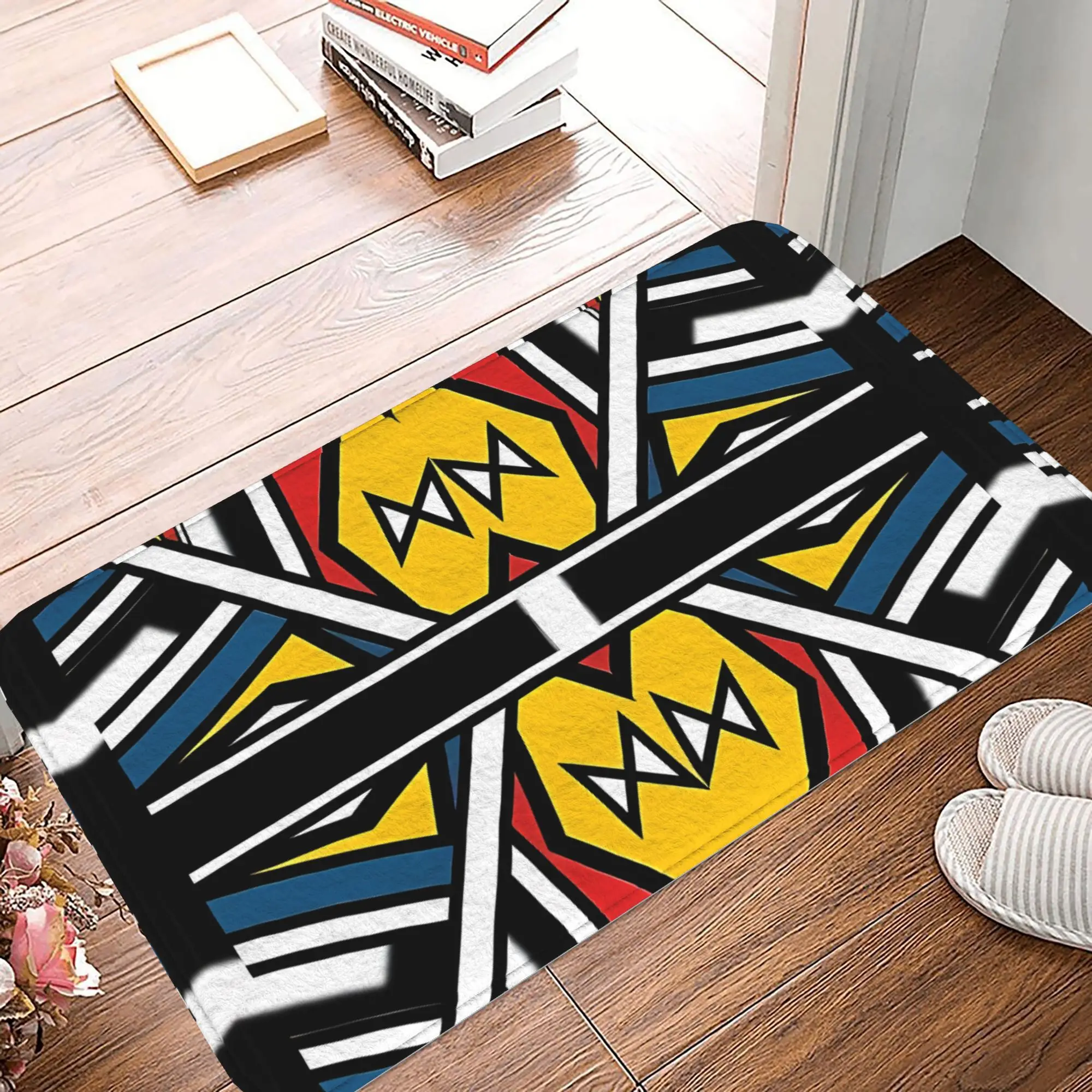 Abstract geometric pattern door mat yellow red blue black and white contrast color design non-slip mat machine washable