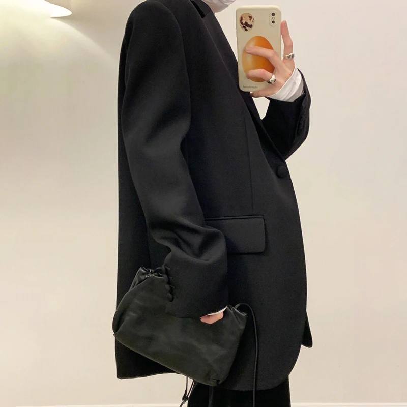 เสื้อโค้ทผ้าวูลสไตล์อเมริกัน กระดุมเดียว คลาสสิก ทรงหลวม แขนยาว สีพื้น สำหรับผู้หญิง