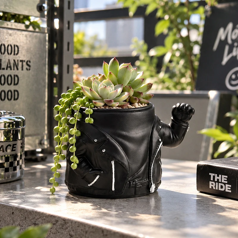 Punk Biker Coat Resin Succulent Planter Fist Figurine Mini Flower Pot Desktop Balcony Greenery Container Home Decor Gift