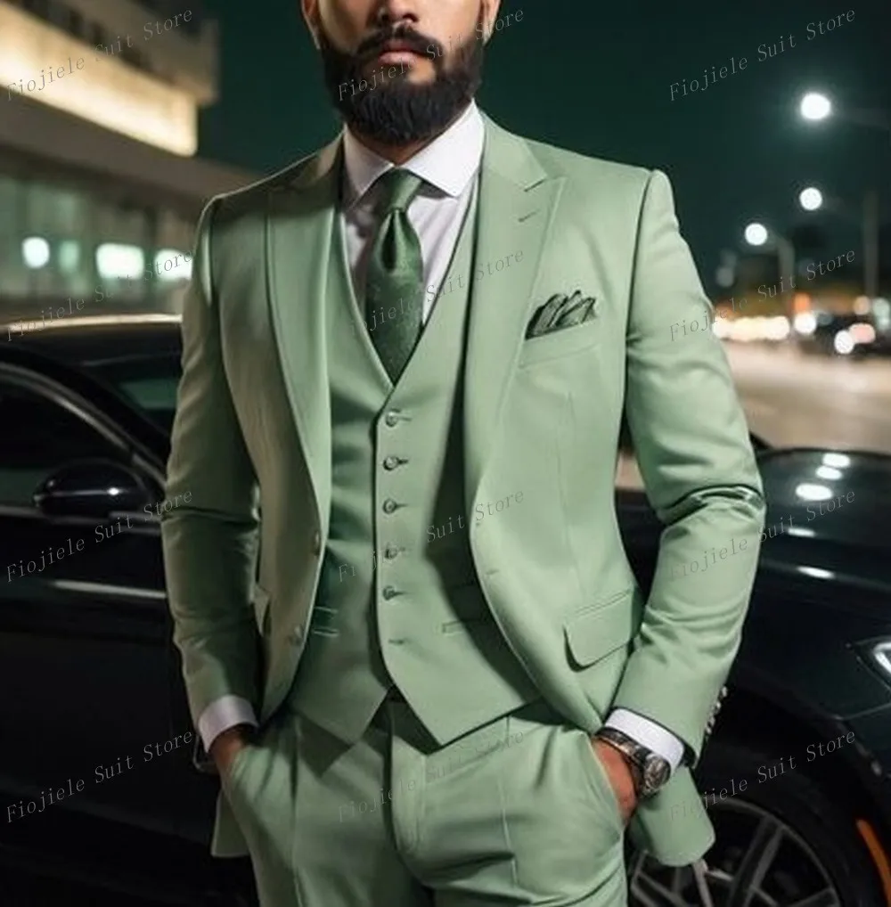 

New Mint Male Formal Occasion Men Suit Groom Groomsman Wedding Party Prom Business Tuxedos 3 Piece Set Blazer Vest Pants