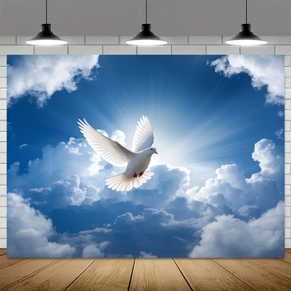 Spiritual Art Print Of Holy Dove With Radiant Light And Cloudy Sky Wall Art For Living Room Or Bedroom