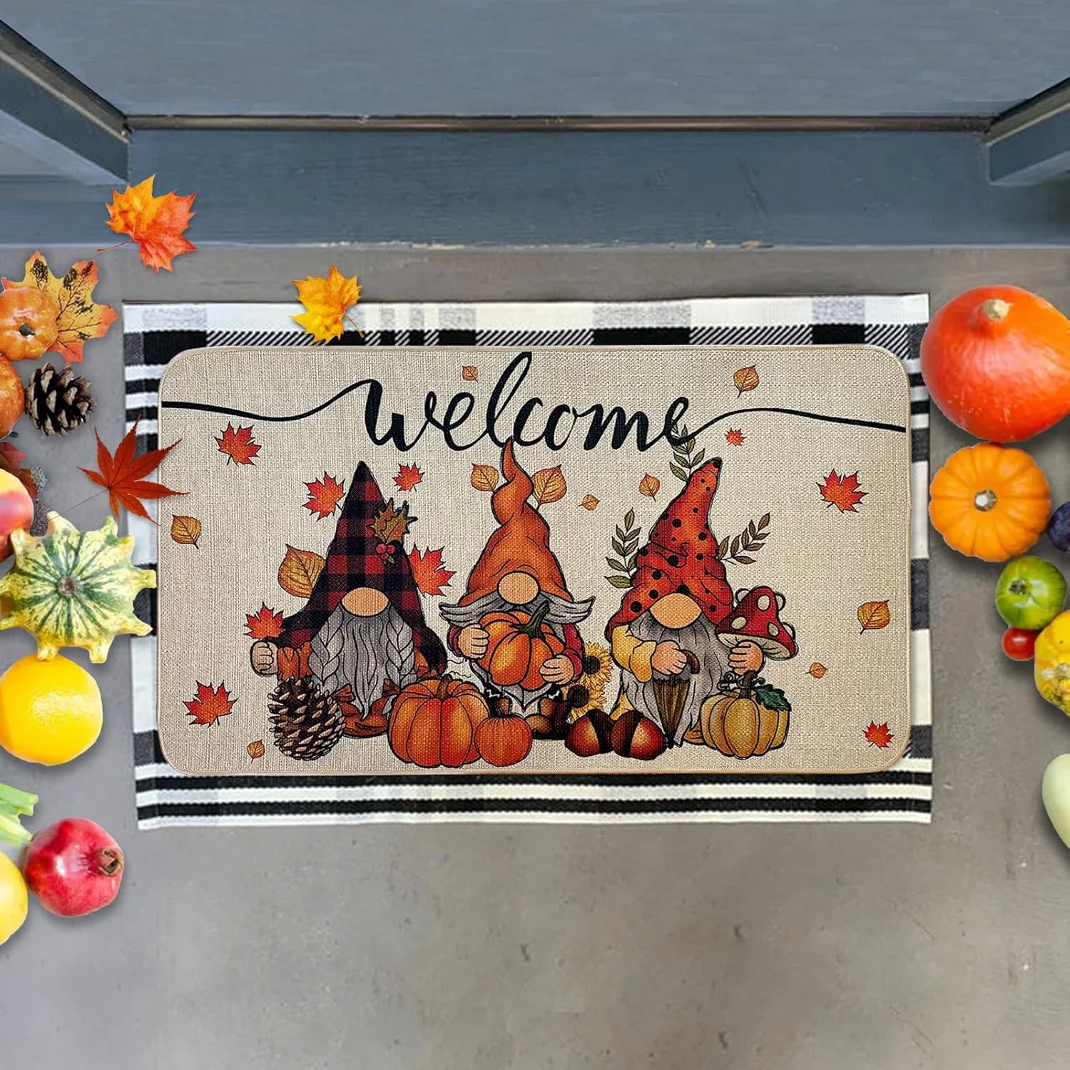 VIKAMA Thanksgiving Carpet Pumpkin Maple Leaf-themed door mat Indoor and outdoor entrance door carpet Home decoration