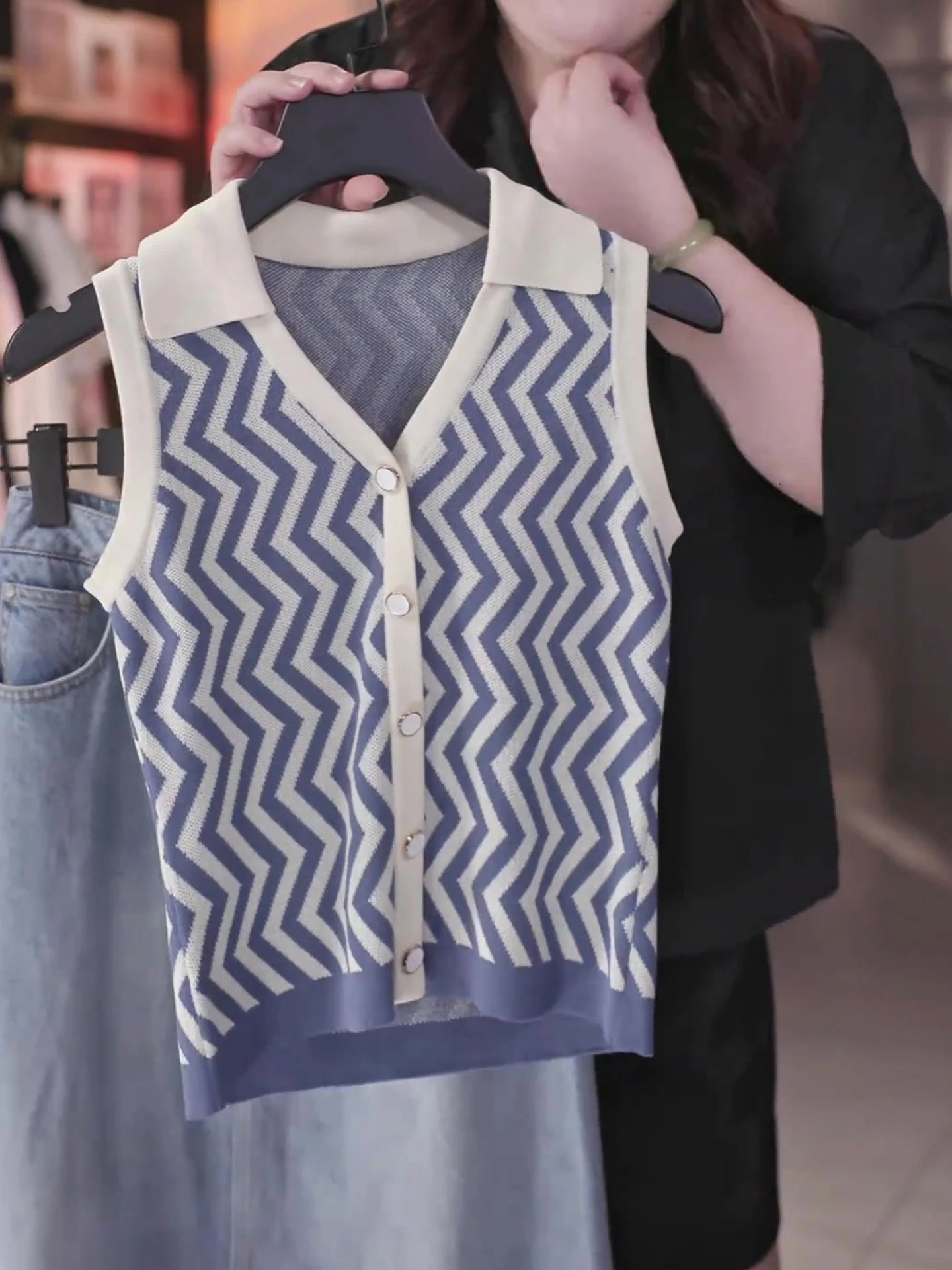 

Ele Ice Silk Open Cardigan Women's Svel Knitted Wave Stripe Design Single Button Summer Faion High-End Brand