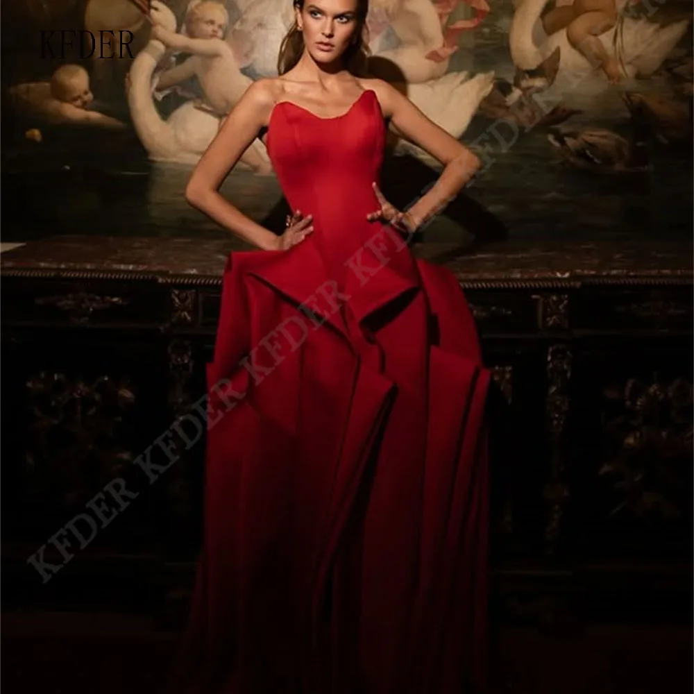 Strapless Ruffles Ruched Evening Dress Red Satin Sleeveless Prom Gown A Line Wedding Guest Formal Dress Ball Gown Customized