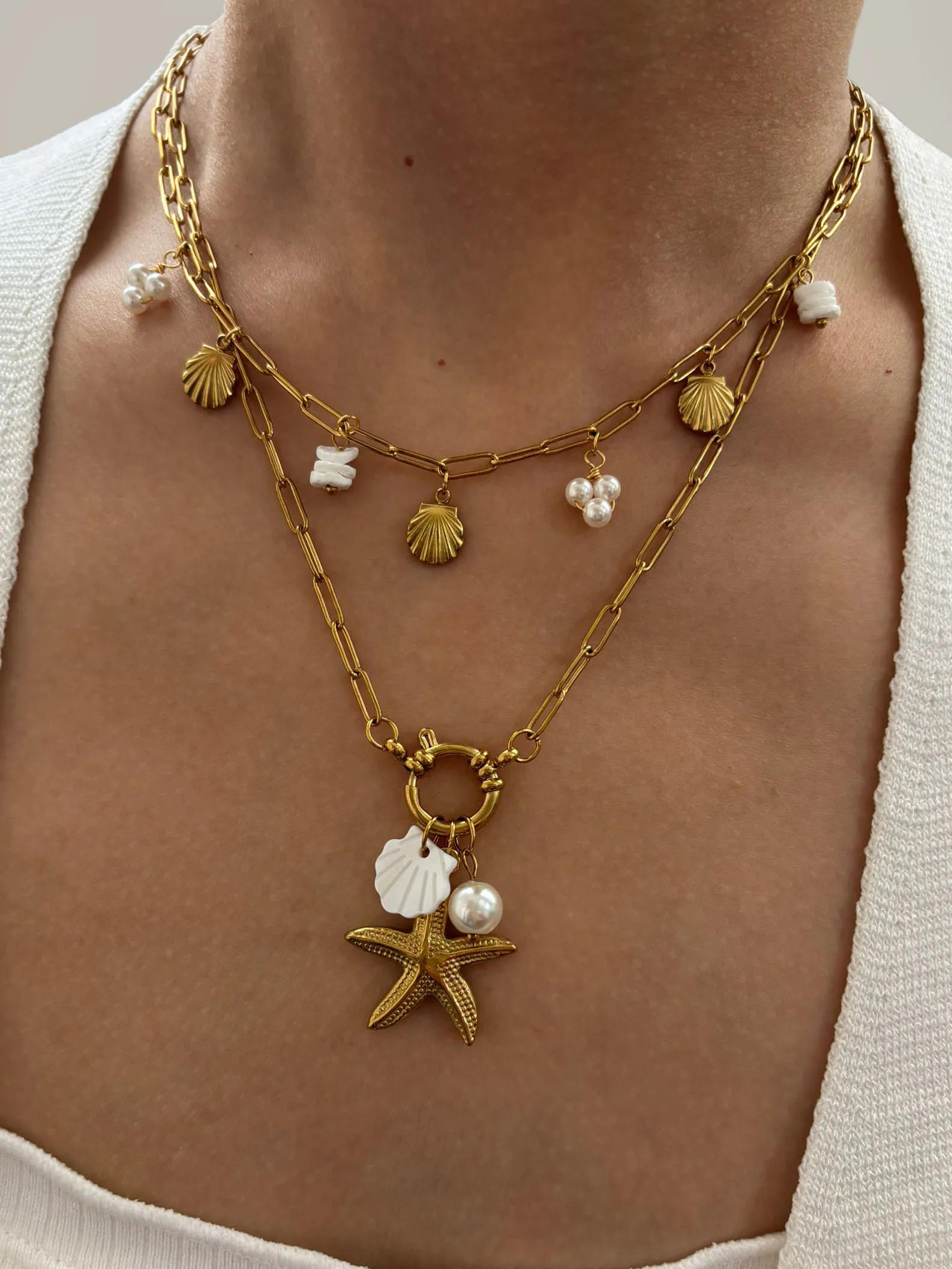 Peri'sbox Stainless Steel Starfish Shell Imitation Pearl Pendant Necklace for Women Beach Party Stackable Jewelry 2025 New Trend