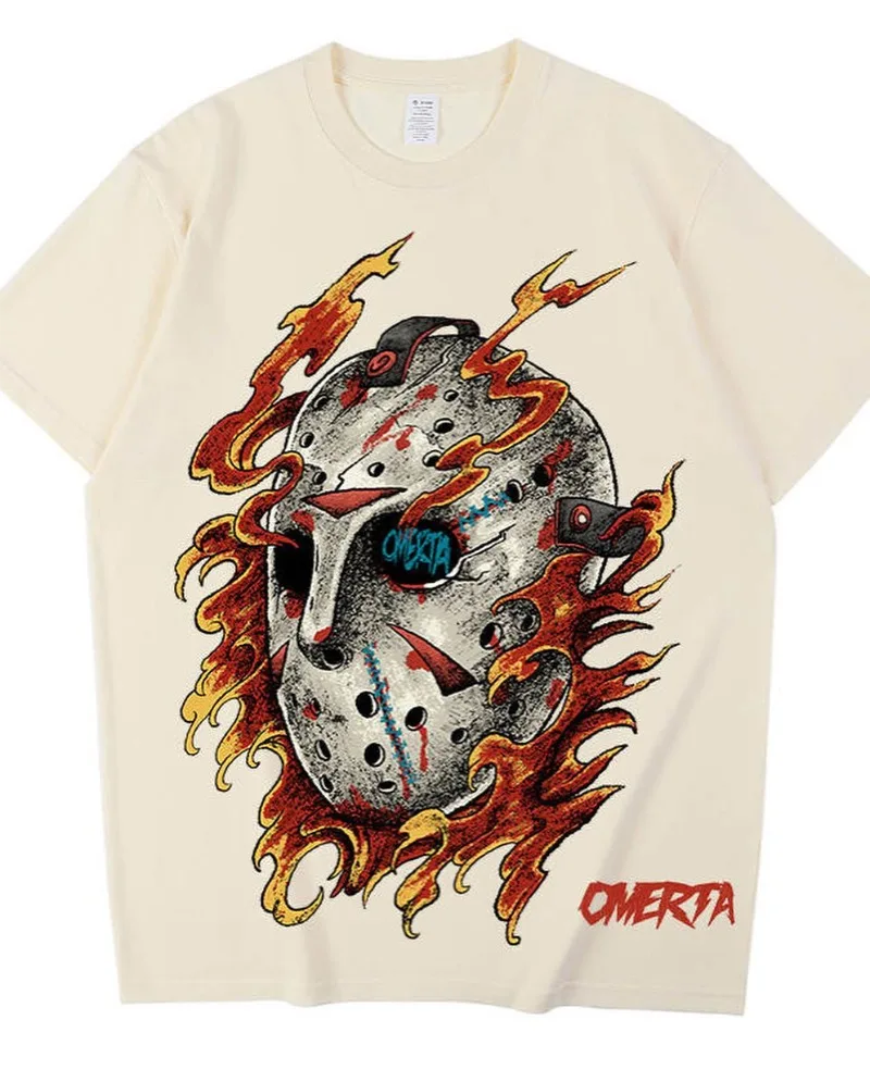 

American street retro casual short sleeve mask Flame lettering print T-shirt women Y2k Goth Harajuku trend couple loose shirt