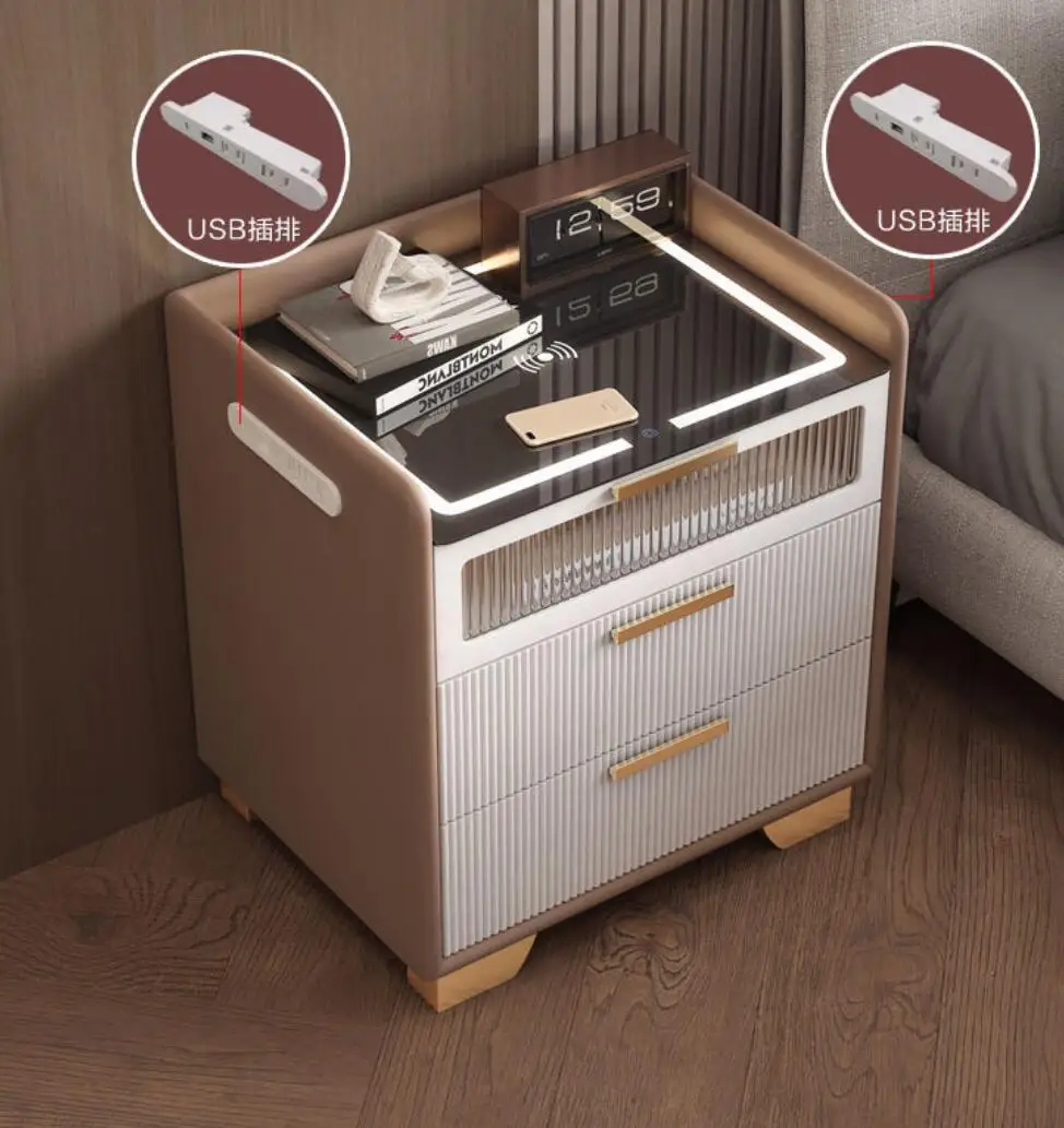 Moderner, leichter Nachttisch aus Holz mit Felsplatte, kabelloses Laden, intelligentes Design für Zuhause, Hotel, Schule, Schlafzimmermöbel