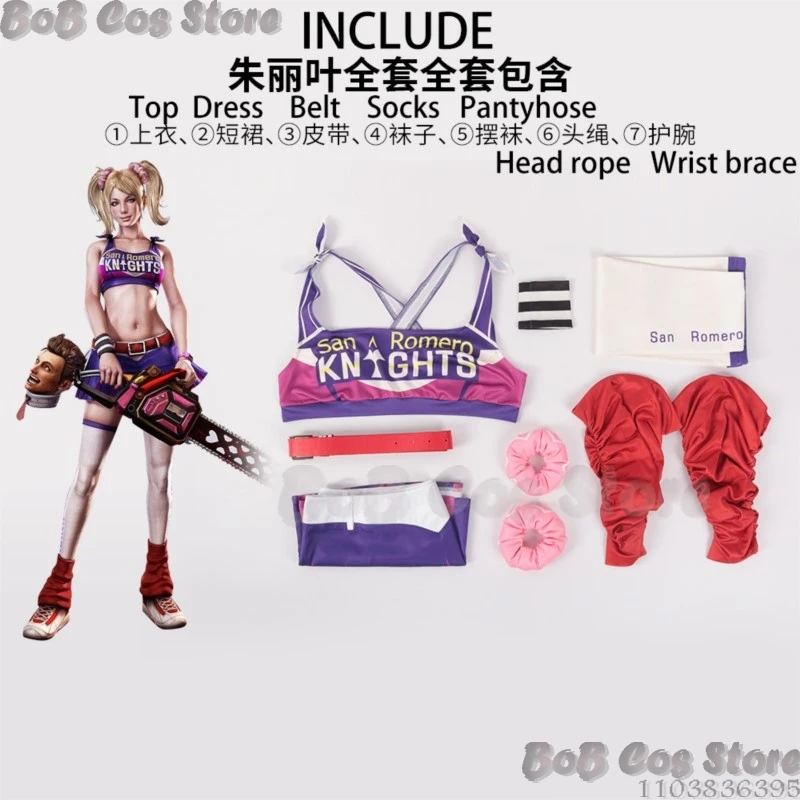 Juliett Cosplay Costume pour femme, Lolliipopp Game Chainsaw Prop, Perruque blonde, Uniforme sexy Battle Cheering Squad, Robe violette d'Halloween