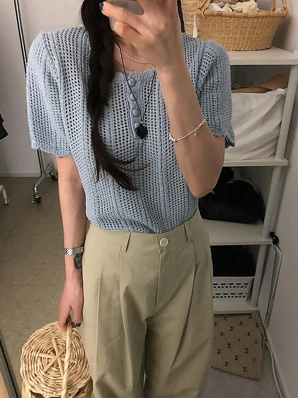 

Korean Sle Hollow out ort Sve Knitted Top Women's Summer 2025 New Ele High-End Sweet Faionable Trendy Blouse