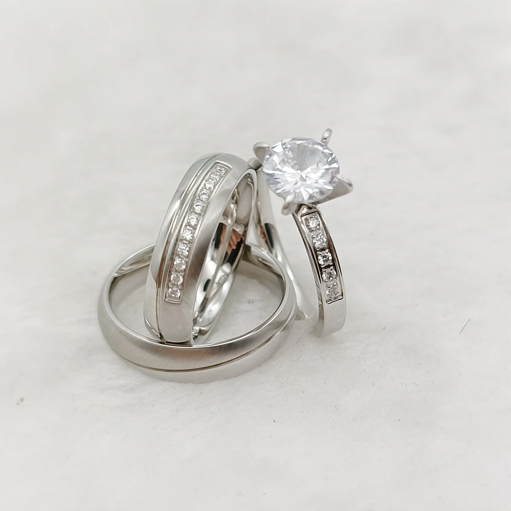 Cz Stone Bridal Sets 3pcs Wedding Engagement Rings For Men And Women Love Alliances Silver Color