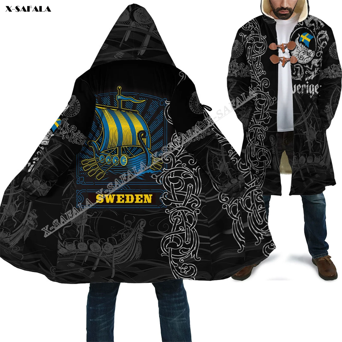 

Viking Norway Sweden Denmark Iceland Finland Warship 3D Printed Cloak Thick Winter Warm Hooded Blanket Coat Fleece Men Female