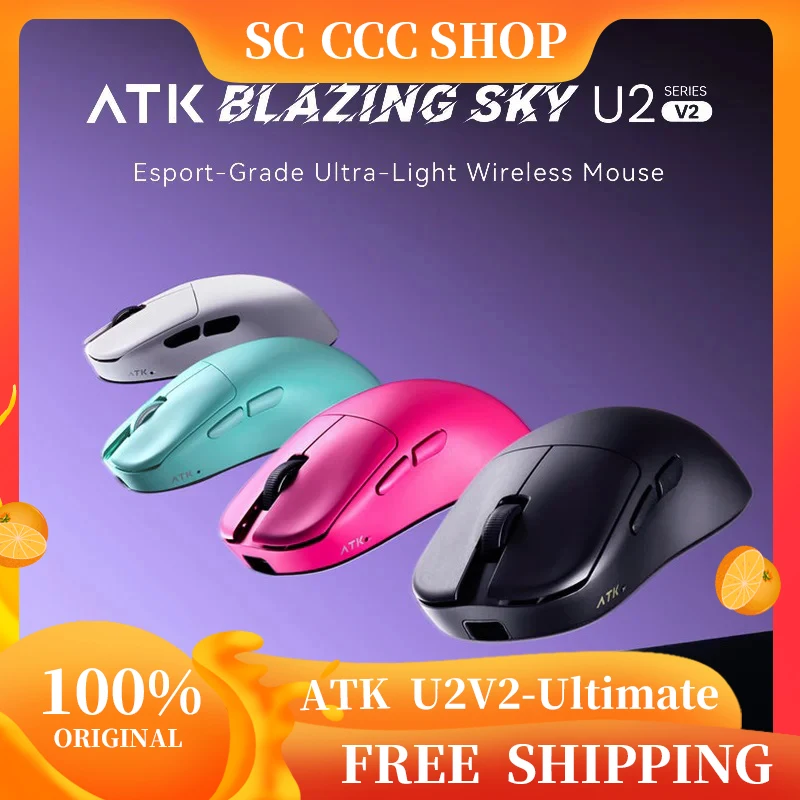 

Легкая игровая мышь ATK Blazing Sky U2V2, 39 г, трехрежимная беспроводная связь с Paw3950, 8000 Гц, Paw3395 для FPS геймеров, аксессуары для ПК