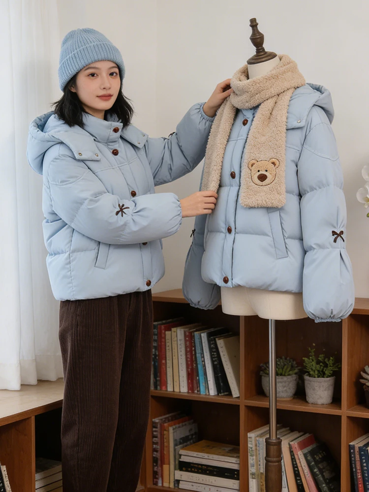 

Женская теплая зимняя куртка с капюшоном и высоким воротником, на флисовой подкладке, из хлопка, свободного кроя, в корейском стиле, для повседневной носки