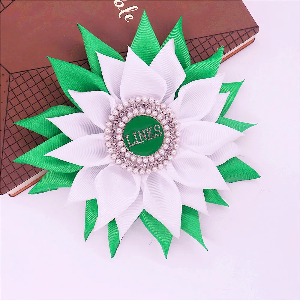 Great Quality Satin White Green Fabric Corsage Ribbon Flower 1946 Soror Links Brooches Party Pin Custom