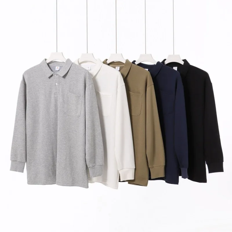 

Trendy Brand Solid Color Lapel Long-sleeved Polo Shirt for Men Autumn and Winter 300g Heavy Trend Pocket Button Top