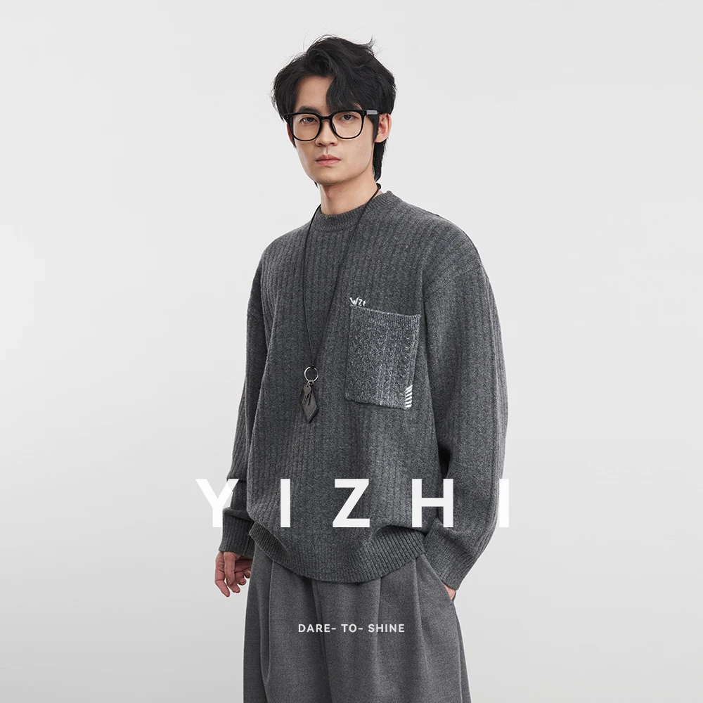 أزياء الرجال مزيج الصوف كتلة اللون جيب متماسكة سترة 2025 الخريف الشتاء العصرية طويلة الأكمام البلوز