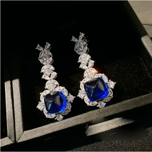 2023 Women Madagascar Sapphire Snowflake Ring Vintage Plated 18K Gold Royal Blue Zircon Flower Earrings